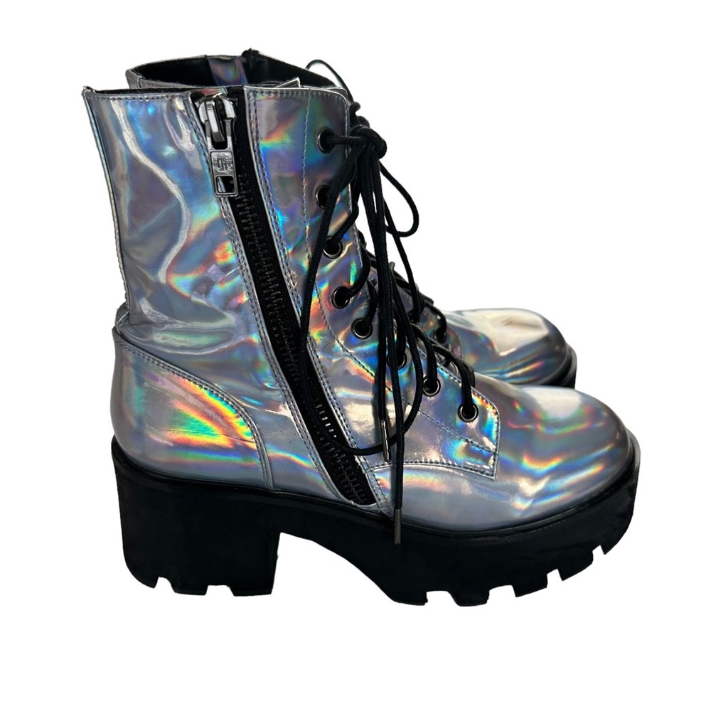 Current Mood 9 gothic metallic silver platform combat moto boots